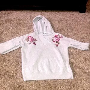 Light gray V-neck hoodie, roses on shoulders, soft